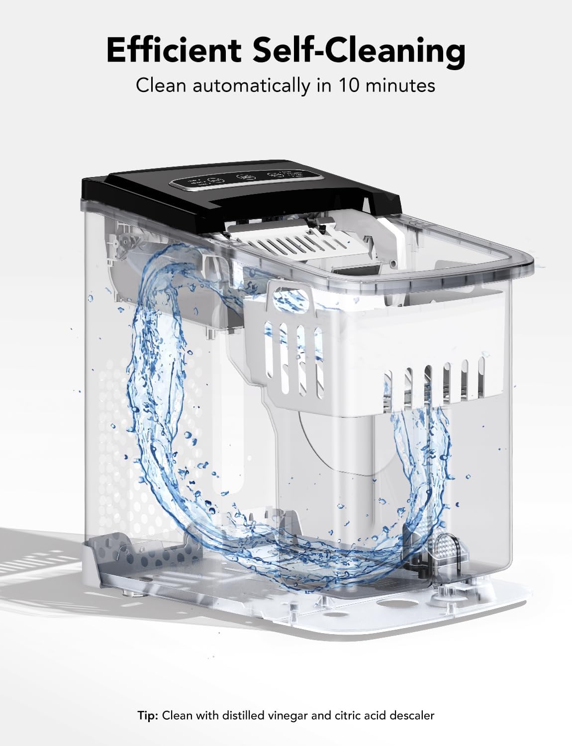 Desktop ice machine, an ice machine that can produce 26 pounds of ice per 24 hours, 6 minutes and 9 seconds, with an automatic cleaning function and controllable via an app, intelligent desktop ice machine, capable of providing two sizes of ice in th