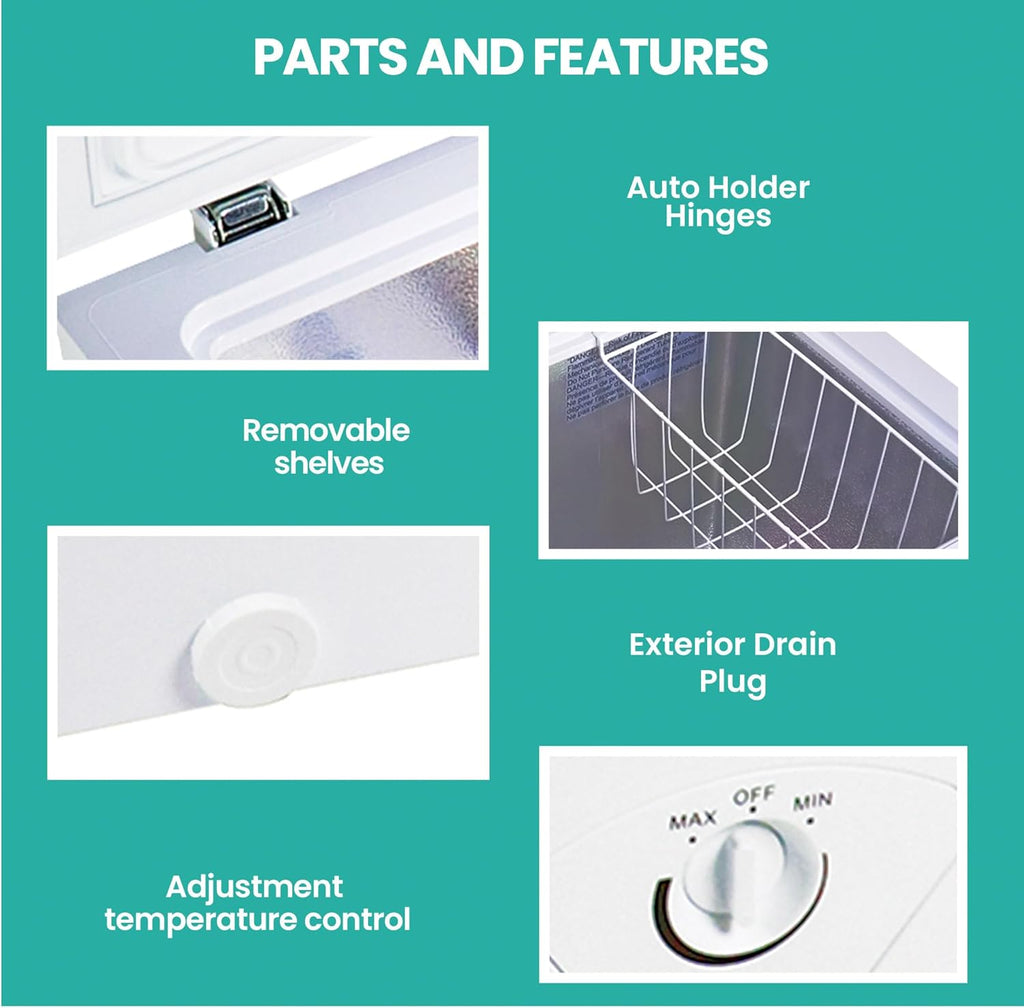 5.0 cu ft (155L), White, Manual Defrost Deep Freeze, Storage Basket, Space-Saving Flat Back, Stay-Open Lid, Front-Access Defrost Drain, for Apartment, Condo, Cottage