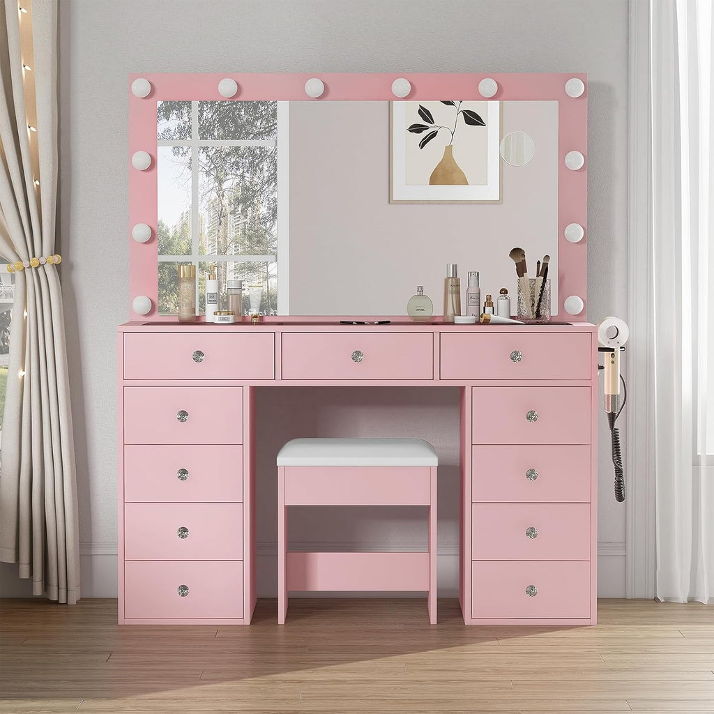 Desk with Power Outlet, 37''W Make Up Vanity with Lighting Mirror, 3 Lighting Modes Adjustable, 5 Drawers Dressing Table for Bedroom, Dressing Room, Live Broadcast Room, Black