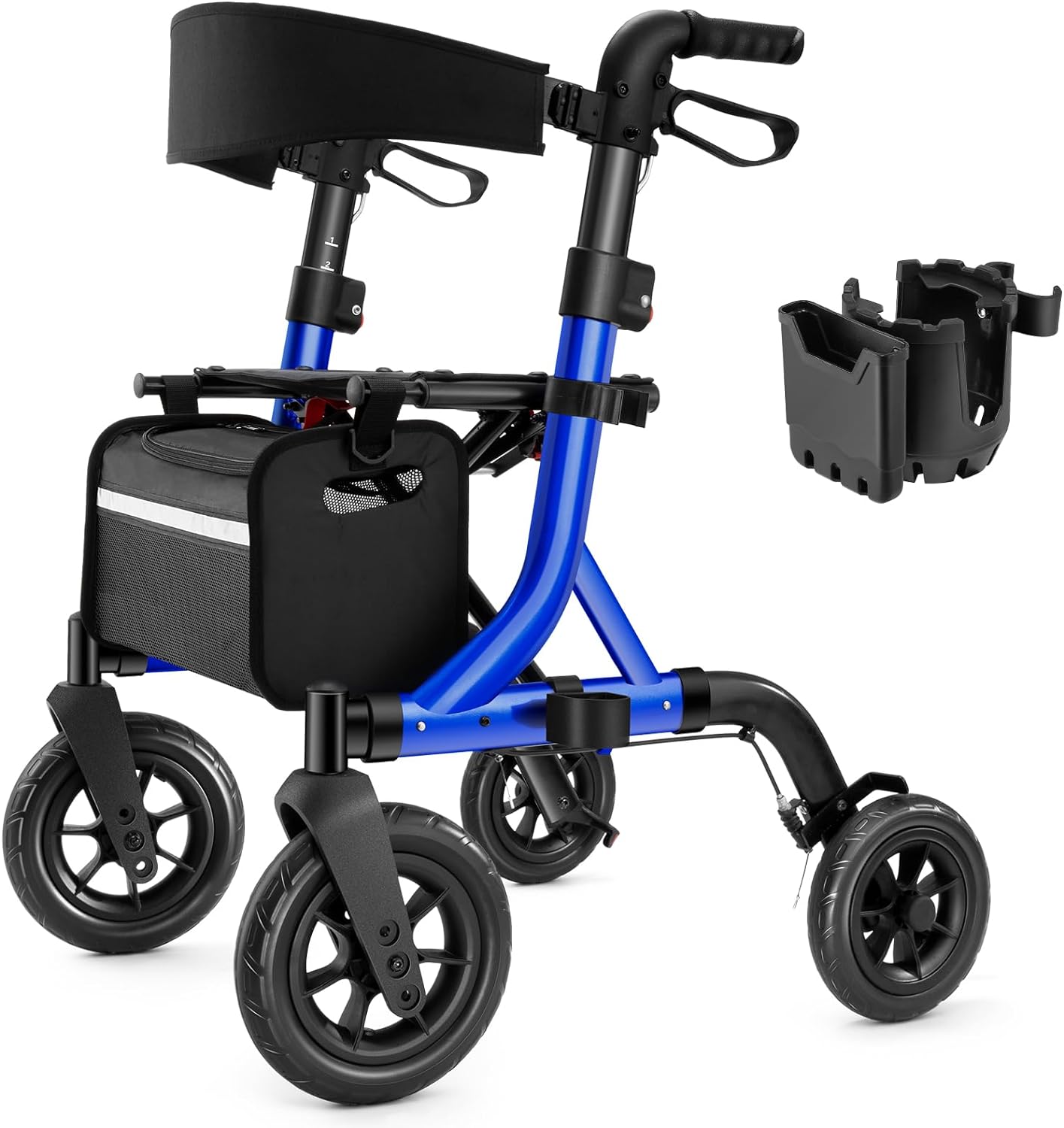 A walking aid suitable for the elderly, a wheelchair-style walking aid with a seat, a full-terrain walking aid with 10-inch rubber wheels, an aluminum walking aid with a backrest, with built-in cables, foldable and height-adjustable, suitable for the