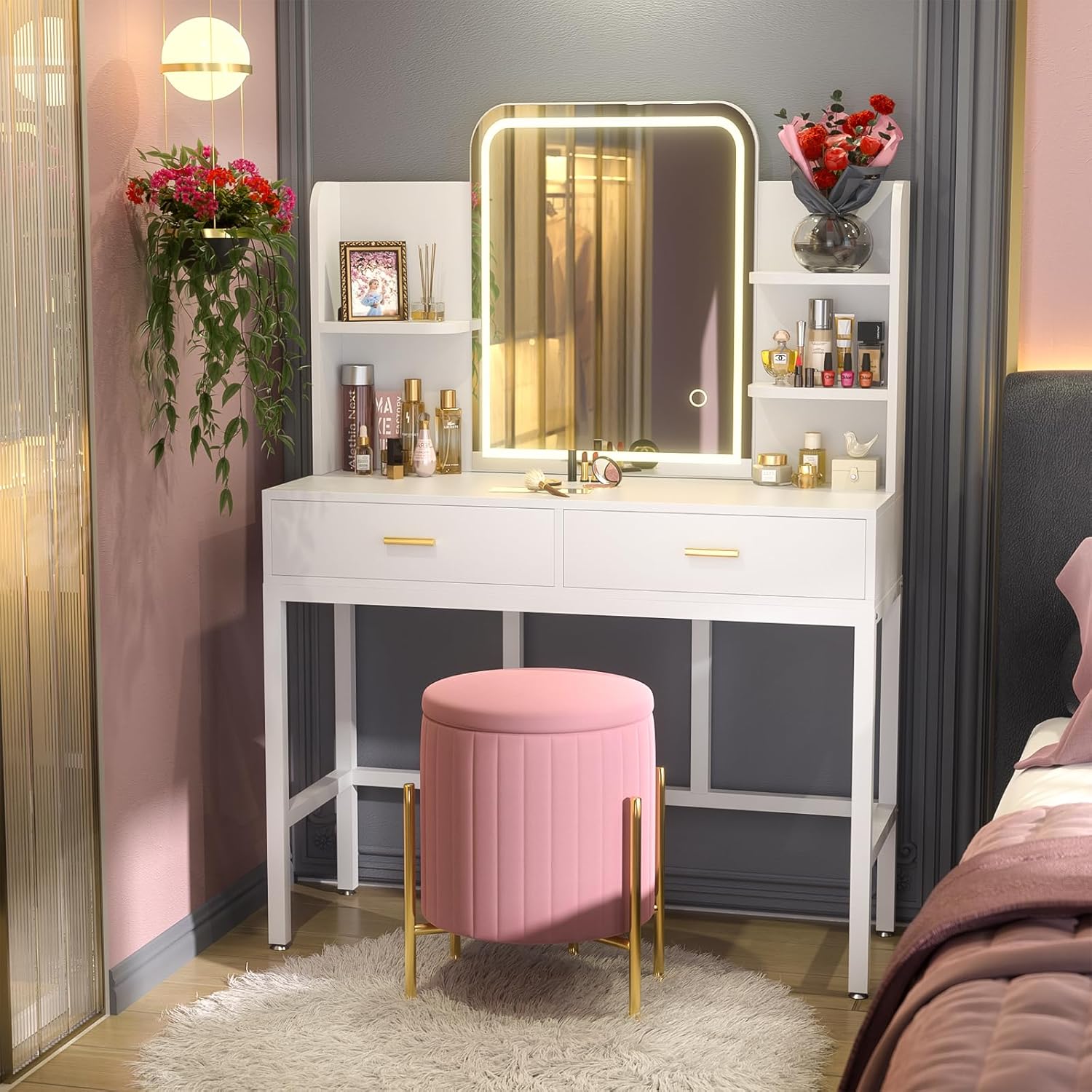 Makeup Vanity Desk with Mirrors, Vanity Set with 2 Storage Drawers and Open Shelves, 3 Colors LED Brightness Adjustable Dressing Table, Makeup Desk for Girls and Women, White