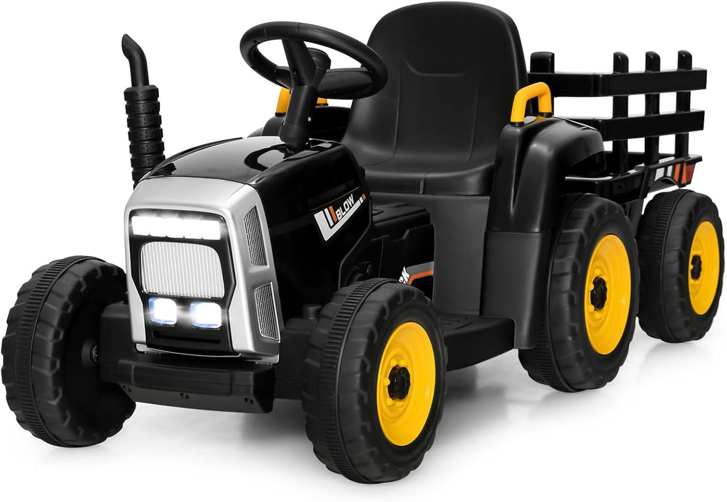 Ride on Tractor w/Detachable Trailer, 12V Kids' Electric Vehicles w/ 3-Gear-Shift Ground Loader, Wireless Design & USB, 7 LED Headlights, Remote Control Tractor Toys for Kids 3+ (Dark Green)