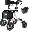 A walking aid suitable for the elderly, a wheelchair-style walking aid with a seat, a full-terrain walking aid with 10-inch rubber wheels, an aluminum walking aid with a backrest, with built-in cables, foldable and height-adjustable, suitable for the