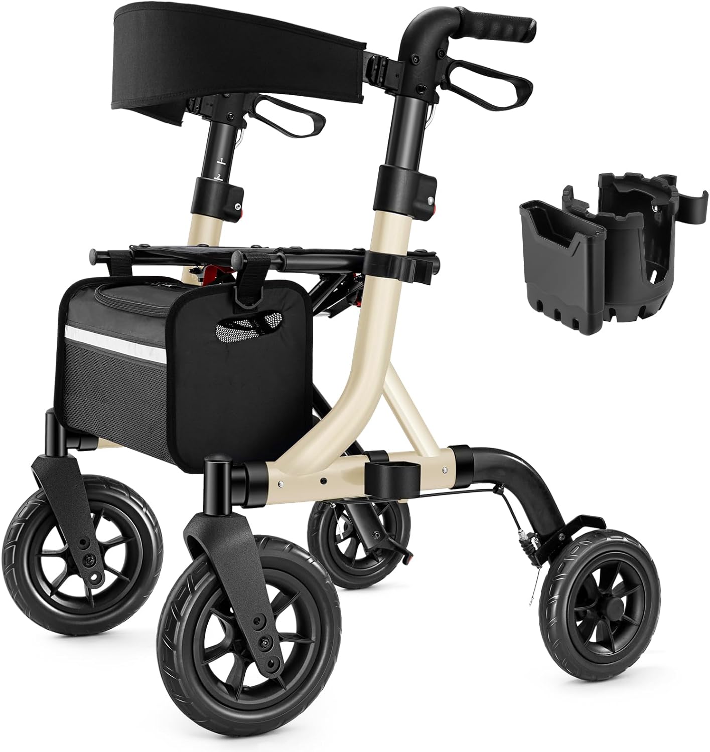 A walking aid suitable for the elderly, a wheelchair-style walking aid with a seat, a full-terrain walking aid with 10-inch rubber wheels, an aluminum walking aid with a backrest, with built-in cables, foldable and height-adjustable, suitable for the