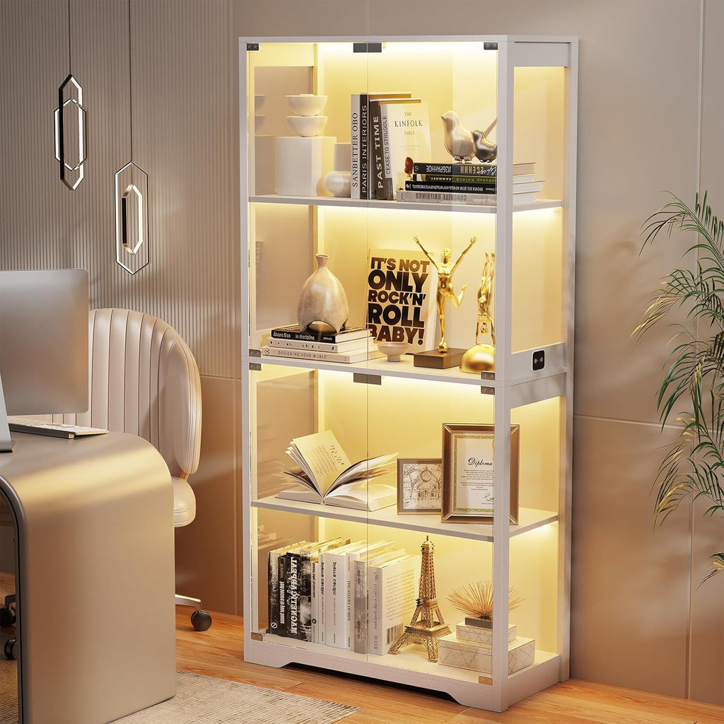 Display Cabinet with Glass Doors, 4-Tier Curio Cabinet with 3 Color Lights for Collectibles, Bookcase for Books Trophy, Glass Display Case with Human Body Sensor, Storage Cabinet, Black