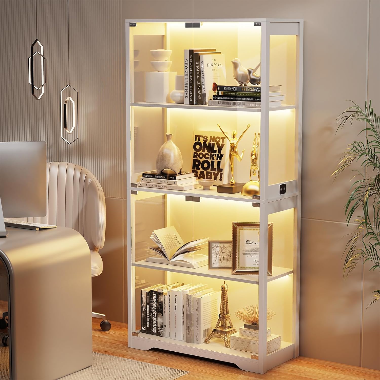 Display Cabinet with Glass Doors, 4-Tier Curio Cabinet with 3 Color Lights for Collectibles, Bookcase for Books Trophy, Glass Display Case with Human Body Sensor, Storage Cabinet, Black