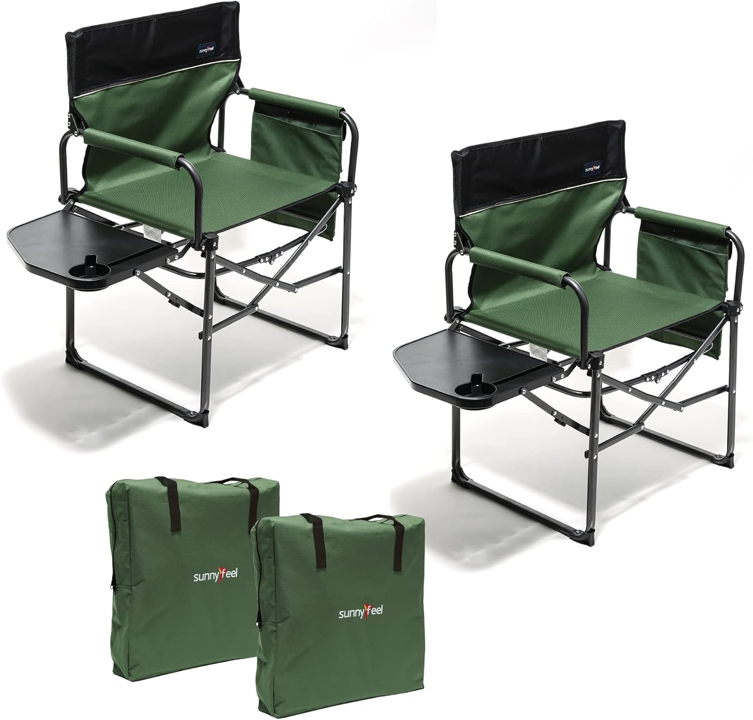 The camping supervisor uses portable folding chairs with side tables and storage bags. These are sturdy and durable, suitable for adults for outdoor use. Each set consists of two (black color)