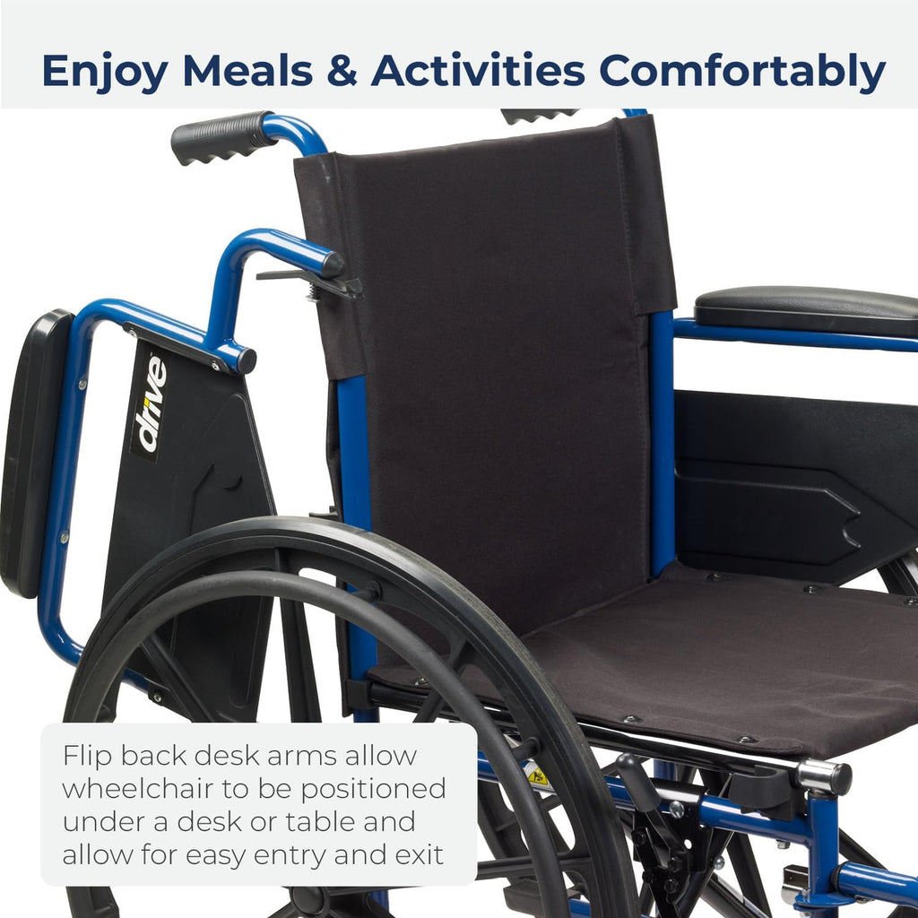Single-wheel blue racing-style wheelchair, reversible armrests on the table edge, rotatable footrests, size 18 inches, quantity 1 unit.