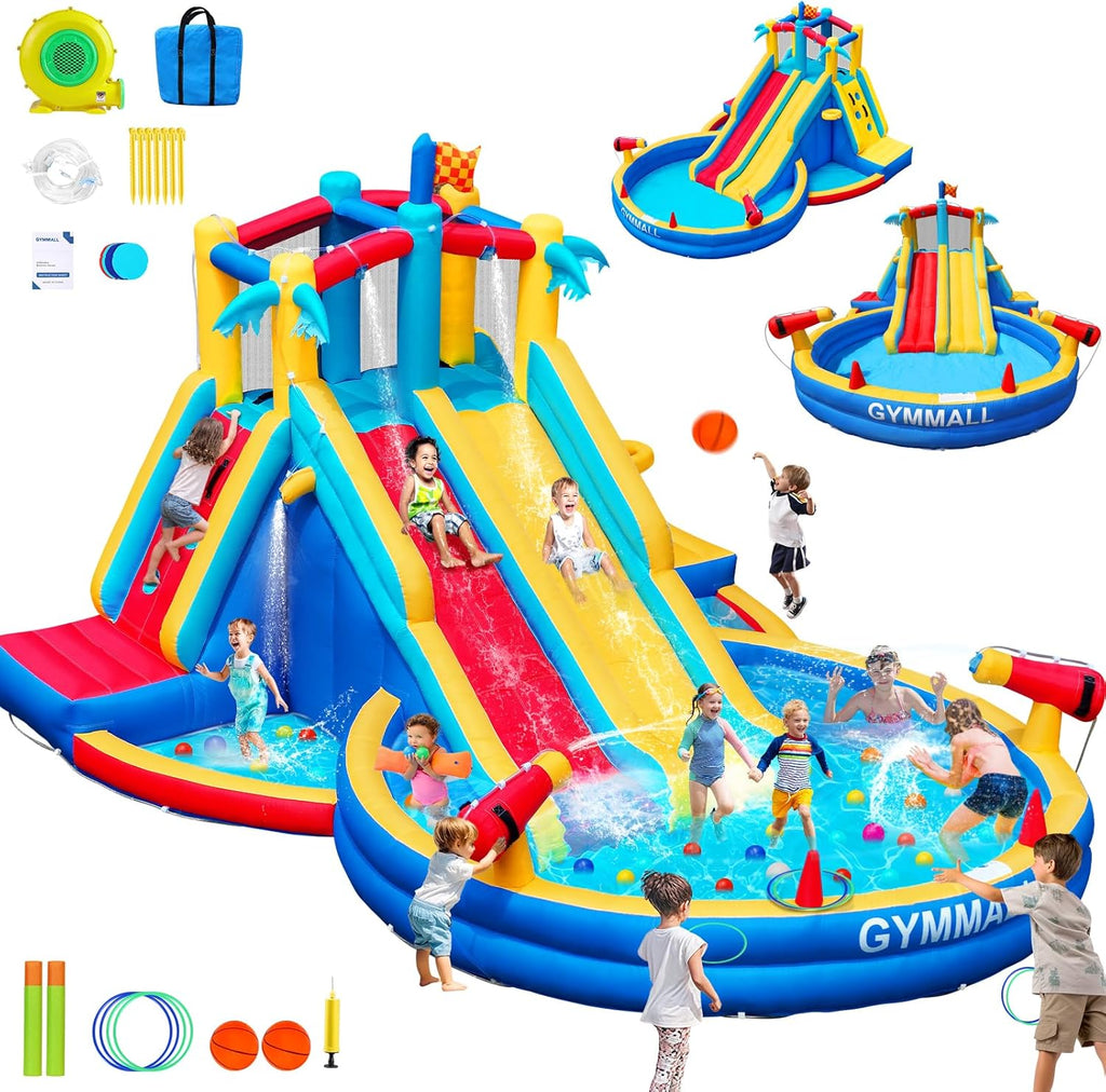 Inflatable Water Slide Bounce House with 550 W Blower, 8-in-1 Blow up Bouncy Castle Waterslide Park for Kids Outdoor and Indoor, Bouncer House with Large Pool, Double Slides and Climbing Walls