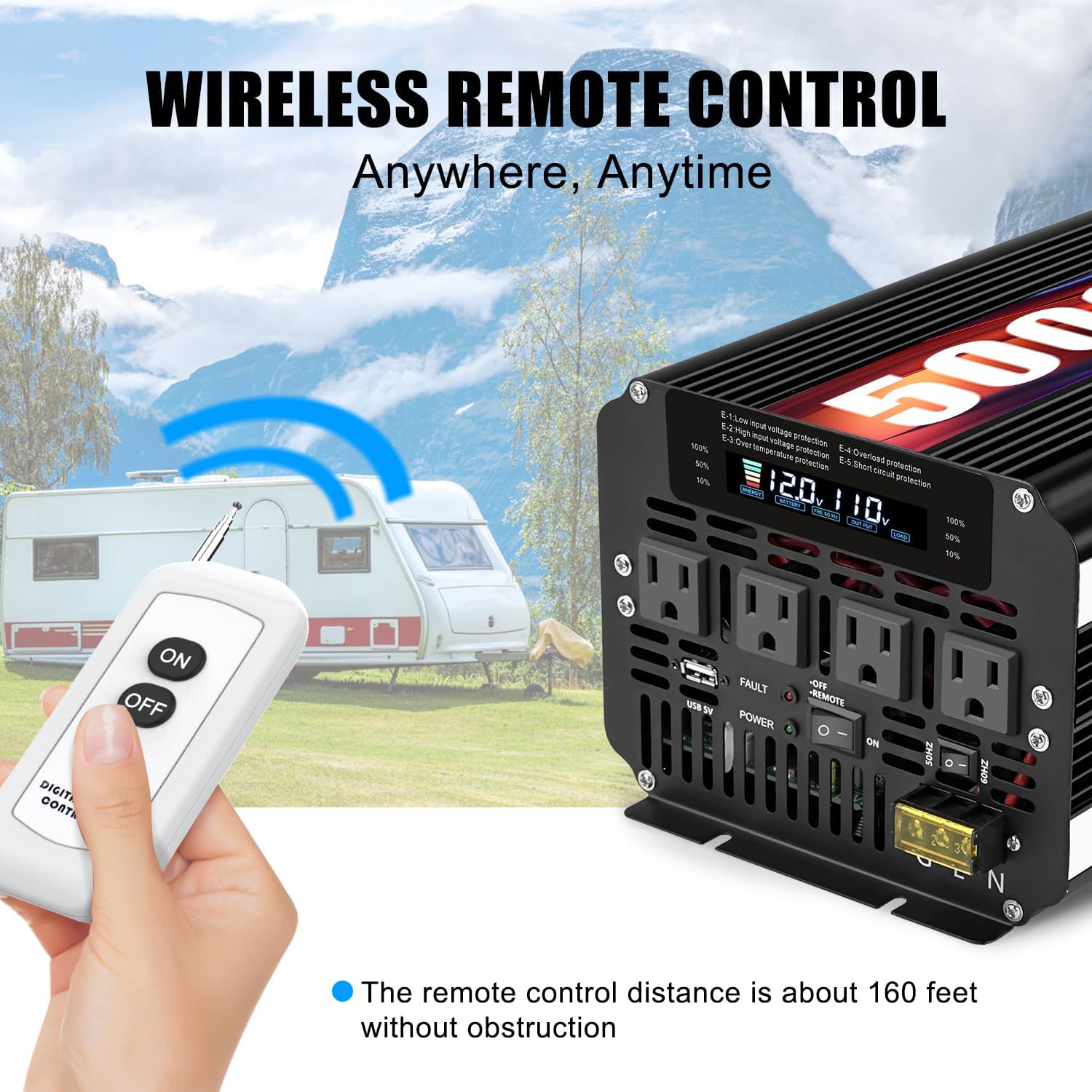 5000 Watt Power Inverter 12V to 110V 120V for Vehicle, Solar Inverter System, Heavy Duty, RV, Truck, Off Grid,Camping with 4 AC Outlets, LCD Display, Wireless Remote Control, Car Power Inverter