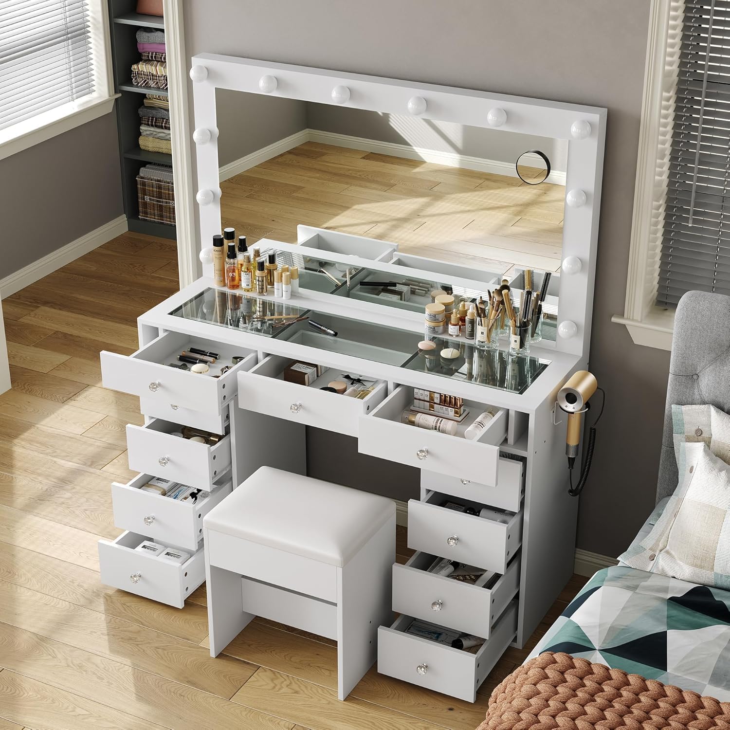 A luxurious dressing table with a power socket, 37-inch wide, equipped with a mirror and 11 LED lights, featuring 5 adjustable lighting modes, suitable for use in bedrooms and dressing rooms, in white style