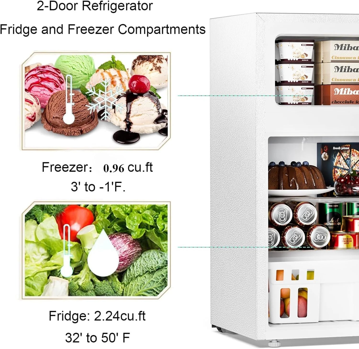 Antarctic Star Compact Mini Refrigerator Separate Freezer, Small Fridge Double 2-Door Adjustable Removable Retro Stainless Steel Shelves Living room/Kitchen/Dorm/Office 3.2 cu ft.Green