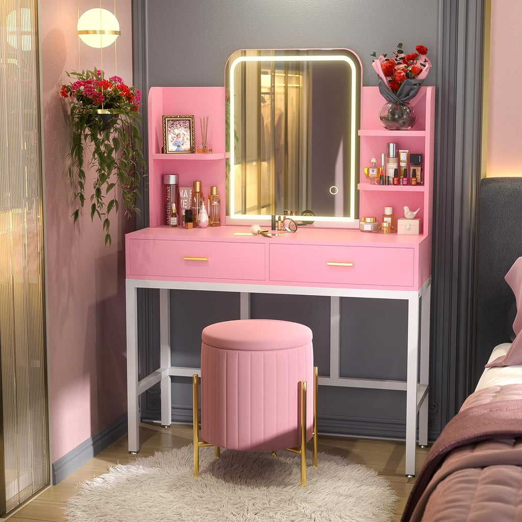 Makeup Vanity Desk with Mirrors, Vanity Set with 2 Storage Drawers and Open Shelves, 3 Colors LED Brightness Adjustable Dressing Table, Makeup Desk for Girls and Women, White