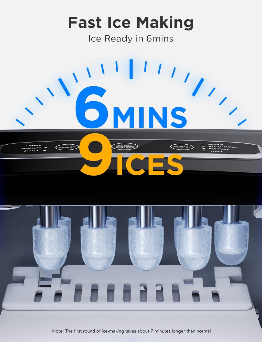 Desktop ice machine, an ice machine that can produce 26 pounds of ice per 24 hours, 6 minutes and 9 seconds, with an automatic cleaning function and controllable via an app, intelligent desktop ice machine, capable of providing two sizes of ice in th