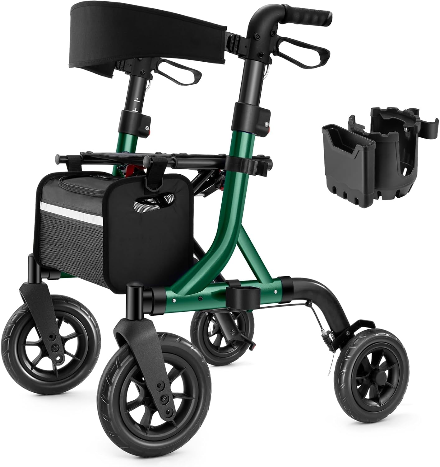 A walking aid suitable for the elderly, a wheelchair-style walking aid with a seat, a full-terrain walking aid with 10-inch rubber wheels, an aluminum walking aid with a backrest, with built-in cables, foldable and height-adjustable, suitable for the