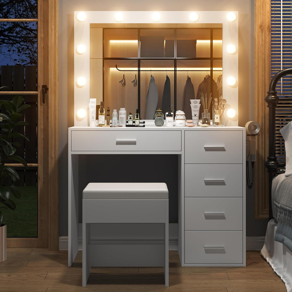 Desk with Power Outlet, 37''W Make Up Vanity with Lighting Mirror, 3 Lighting Modes Adjustable, 5 Drawers Dressing Table for Bedroom, Dressing Room, Live Broadcast Room, Black