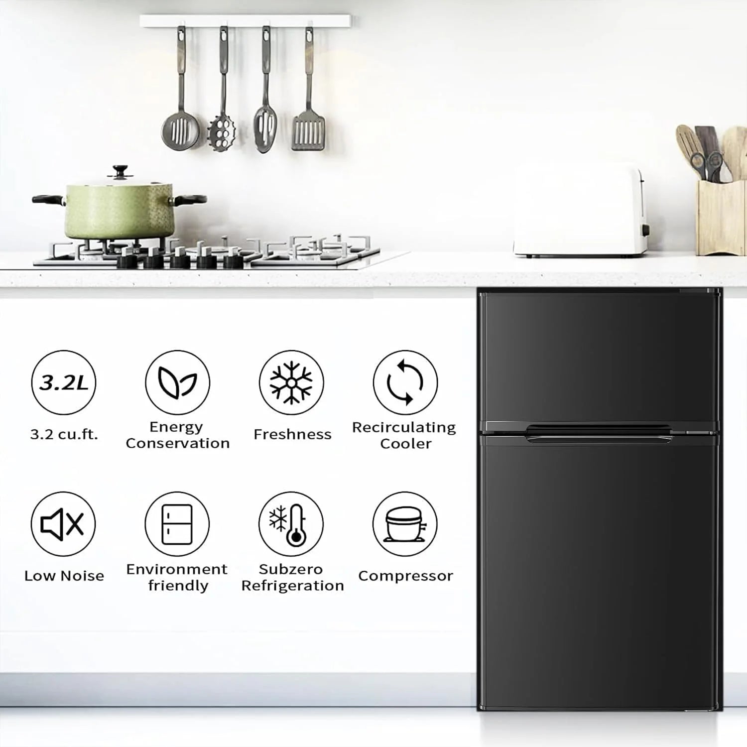 Antarctic Star Compact Mini Refrigerator Separate Freezer, Small Fridge Double 2-Door Adjustable Removable Retro Stainless Steel Shelves Living room/Kitchen/Dorm/Office 3.2 cu ft.Green