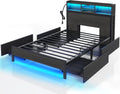 Queen-sized bed frame with storage headboard, metal platform bed with charging device, LED bed frame with 4 drawers, bookcase-style storage cabinet, no spring bed, easy to assemble, noise-free, black