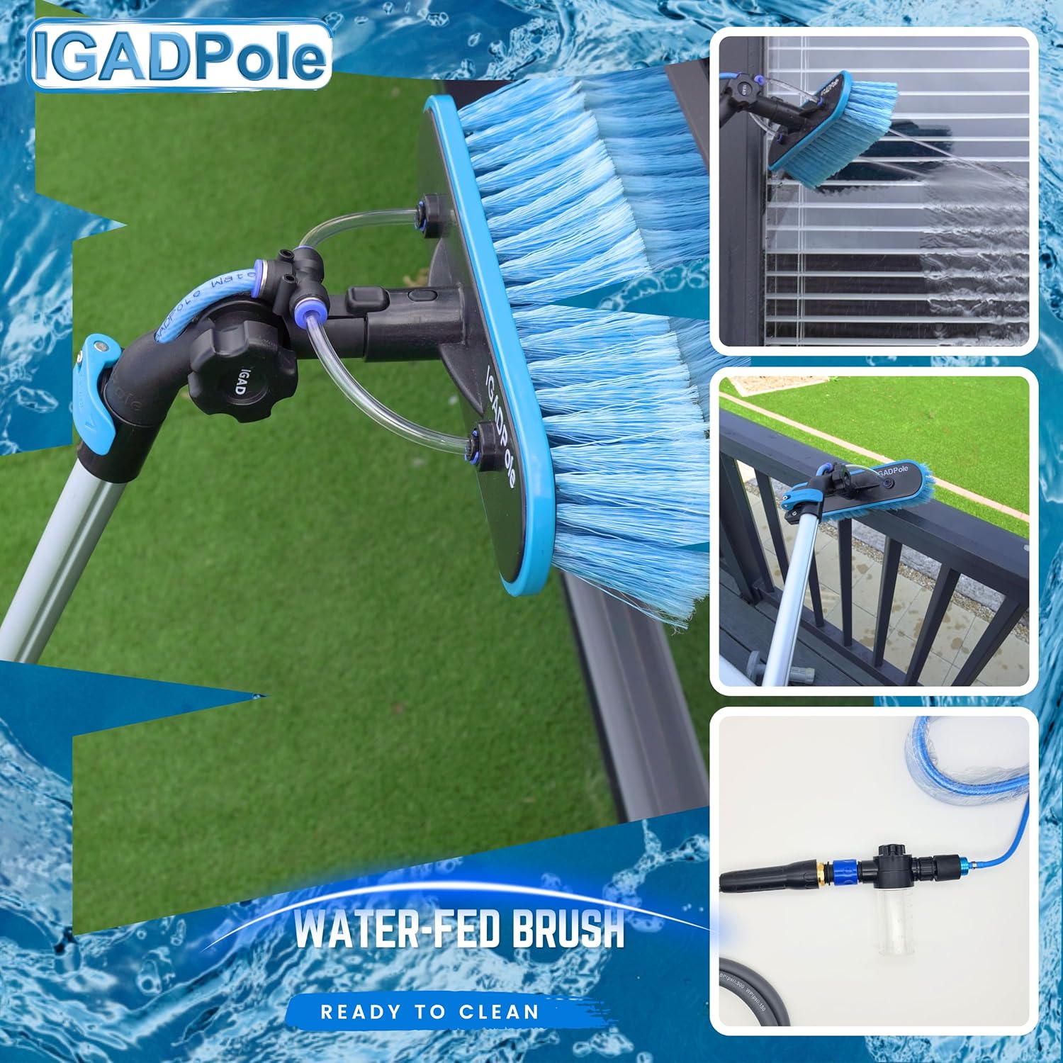 24-foot pole-type cleaning kit: water-driven brush, spider web cleaner, 10-inch scraper and soap box, with 5 to 24 feet (7 meters) of extendable pole.
