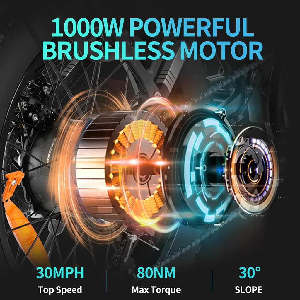 Electric Bike for Adults, 1000W, 25/30MPH,48V,20/15AH Battery, Max 50-75 Miles Electric Motorcycle, 20" Fat Tire Dirt Bik