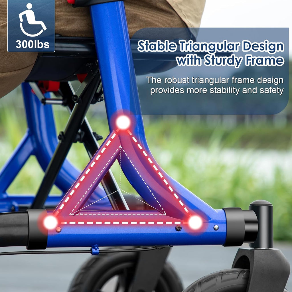 A walking aid suitable for the elderly, a wheelchair-style walking aid with a seat, a full-terrain walking aid with 10-inch rubber wheels, an aluminum walking aid with a backrest, with built-in cables, foldable and height-adjustable, suitable for the