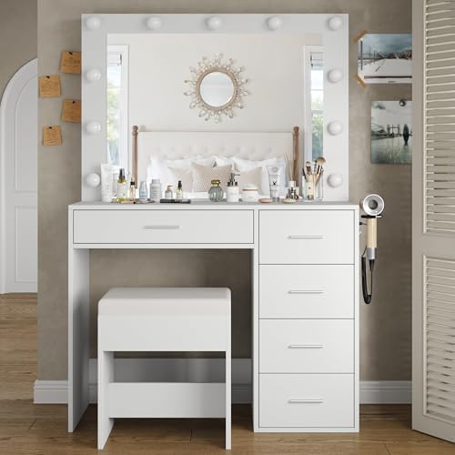 A luxurious dressing table with a power socket, 37-inch wide, equipped with a mirror and 11 LED lights, featuring 5 adjustable lighting modes, suitable for use in bedrooms and dressing rooms, in white style