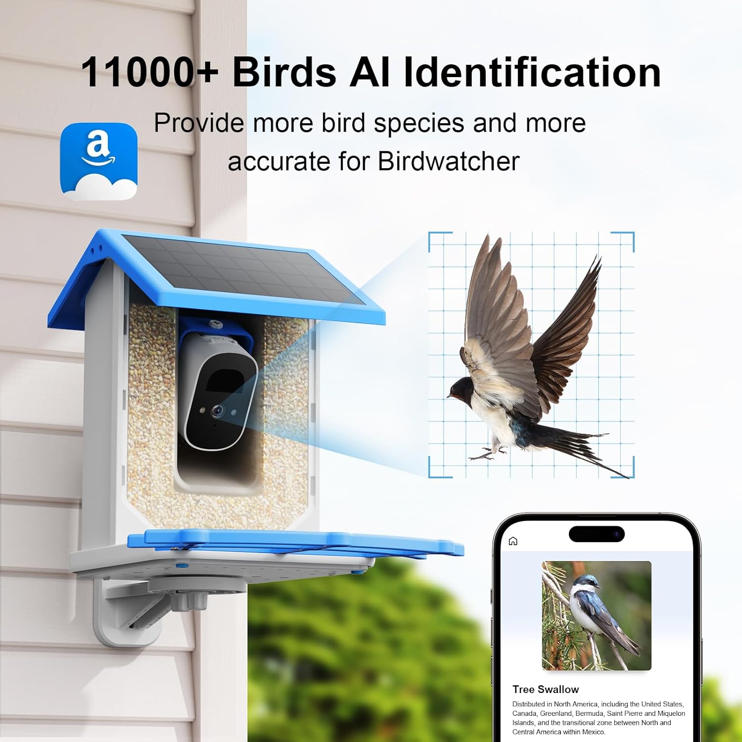 Smart Bird Feeder Camera - 4MP 2.5K Full HD, 64G TF Card Included, Solar Powered Wireless, Auto Capture Bird Video & Notify Detected Birds, AI Identify 11000+ Birds Feed Watching Camera