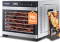 Food Dehydrator (50 Recipes): Suitable for making dried meat, vegetables, fruits, meat, dog treats, herbs and yogurt. Equipped with a temperature control function, this dehydrator has 6 stainless steel trays, a rear fan, and a silver finish.