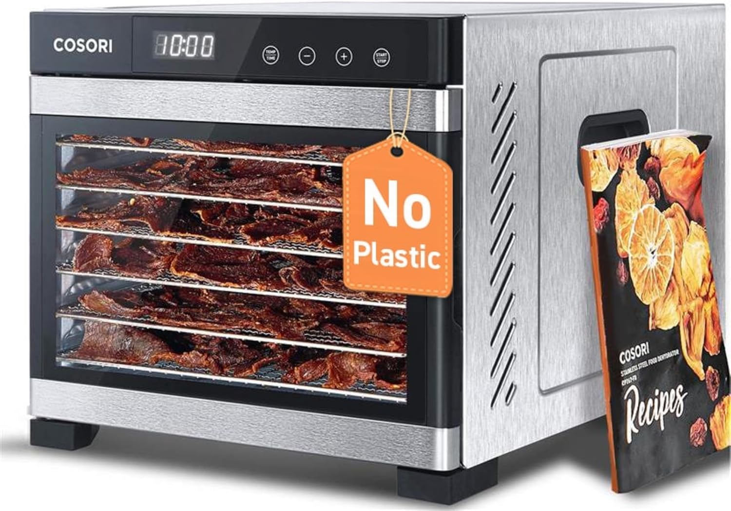 Food Dehydrator (50 Recipes): Suitable for making dried meat, vegetables, fruits, meat, dog treats, herbs and yogurt. Equipped with a temperature control function, this dehydrator has 6 stainless steel trays, a rear fan, and a silver finish.
