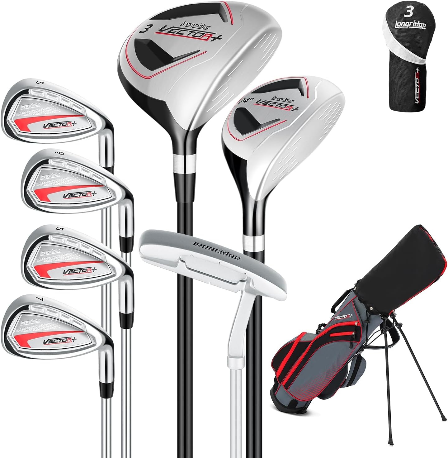 8 sets of complete men's golf clubs (left and right hand versions) suitable for men/women. Includes a stand bag and a bag with a rain cover.