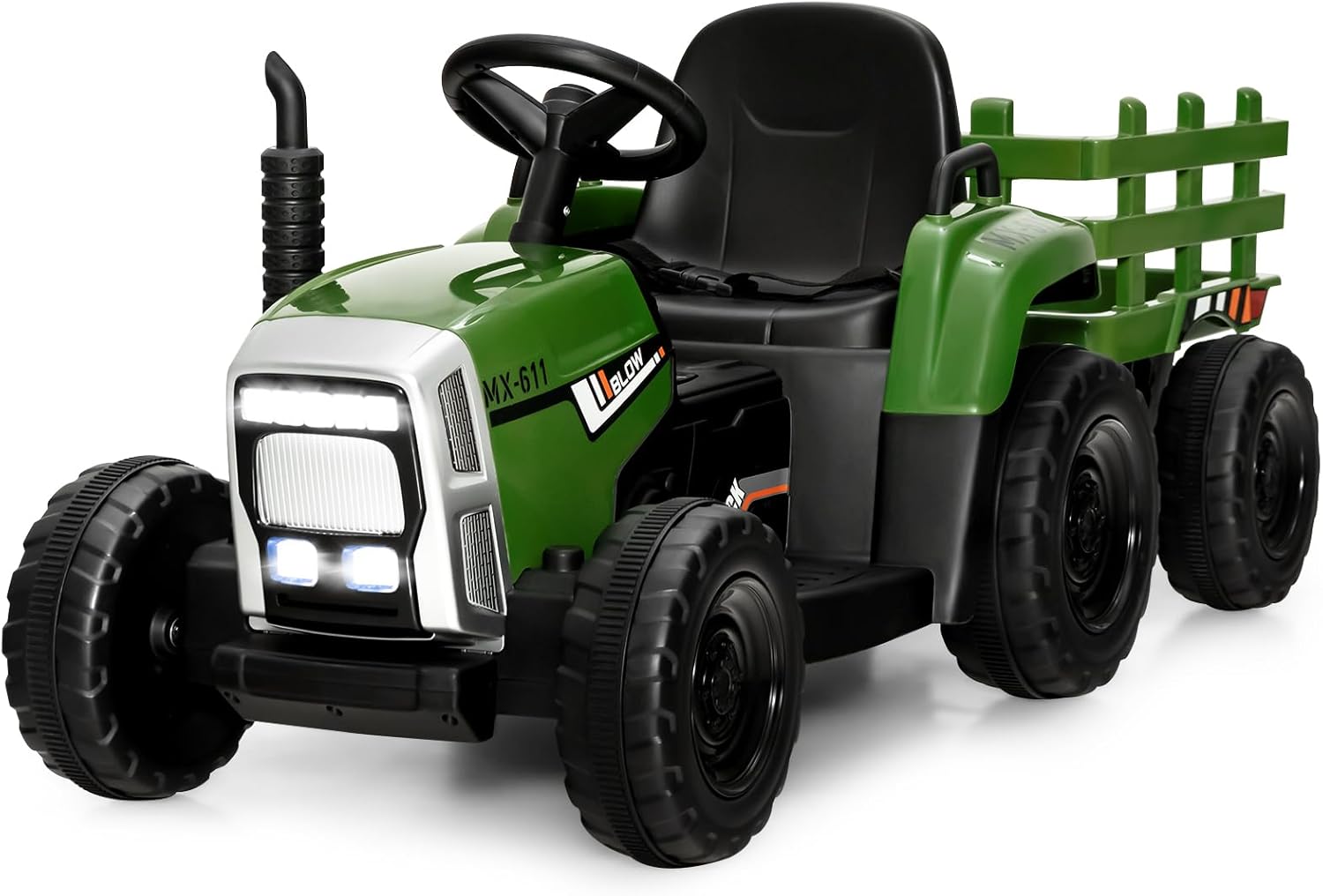 Ride on Tractor w/Detachable Trailer, 12V Kids' Electric Vehicles w/ 3-Gear-Shift Ground Loader, Wireless Design & USB, 7 LED Headlights, Remote Control Tractor Toys for Kids 3+ (Dark Green)