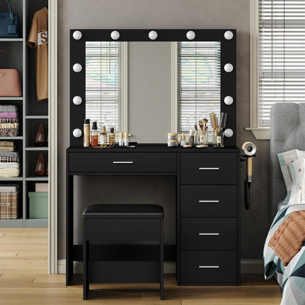 A luxurious dressing table with a power socket, 37-inch wide, equipped with a mirror and 11 LED lights, featuring 5 adjustable lighting modes, suitable for use in bedrooms and dressing rooms, in white style