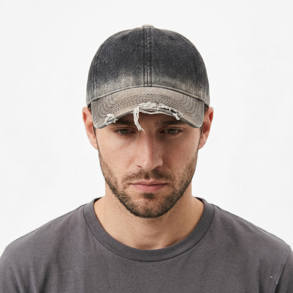 Distressed Gradient Denim Cap — Adjustable Sunshade Hat