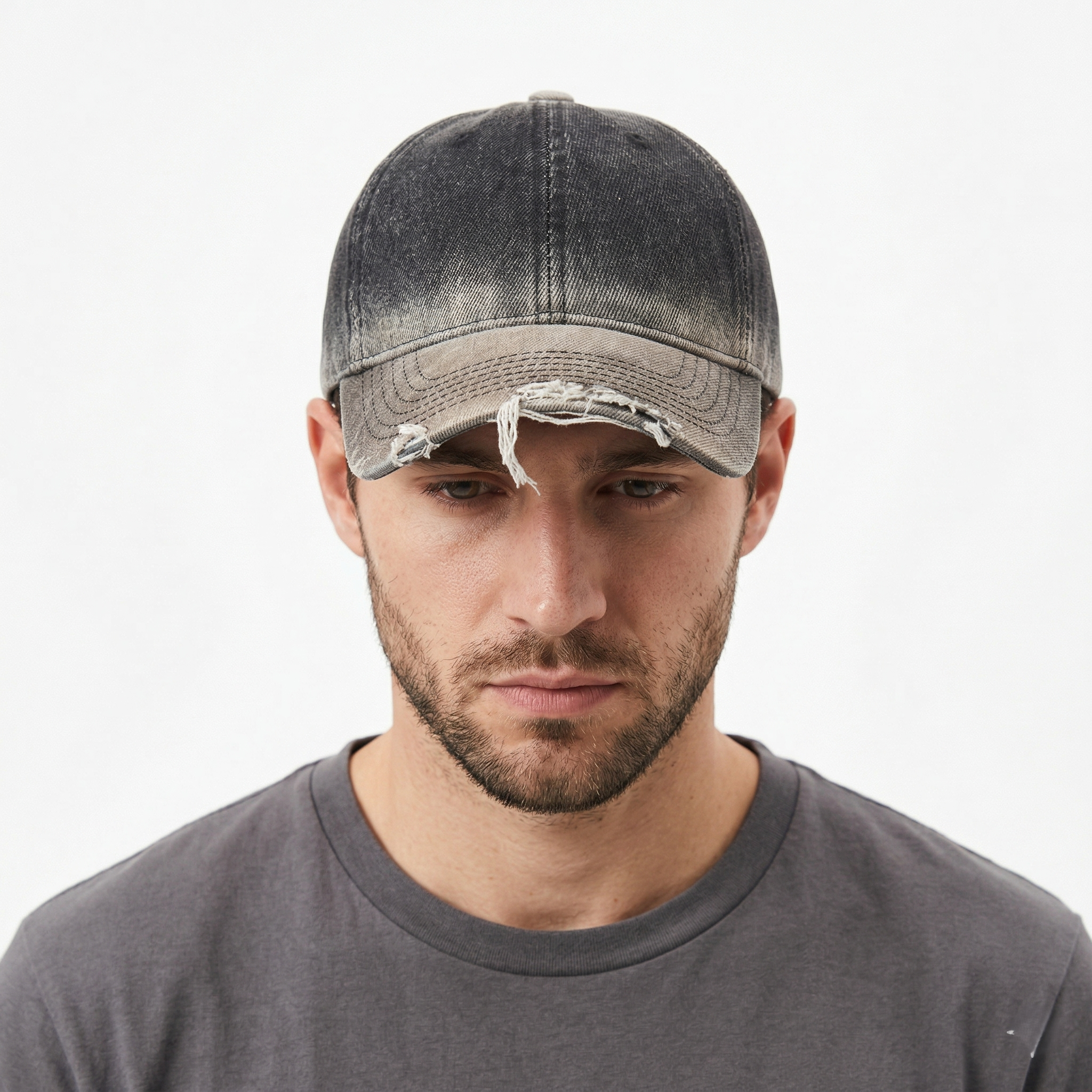 Distressed Gradient Denim Cap — Adjustable Sunshade Hat